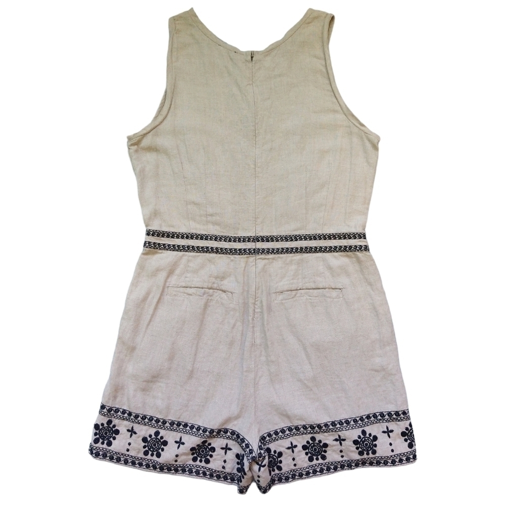 LOFT 100% Linen Khaki Tan Black Embroidered Sleeveless Romper Pockets Boho - Picture 3 of 13